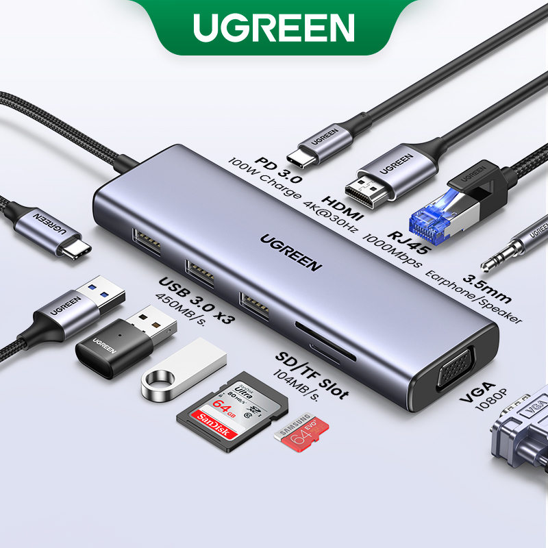 Bộ hub chia cổng UGREEN 10 trong 1 HDMI VGA 4k 30Hz USB C sang USB 3.0 100W cho Macbook Pro hỗ trợ thẻ SD TF/cổng RJ45