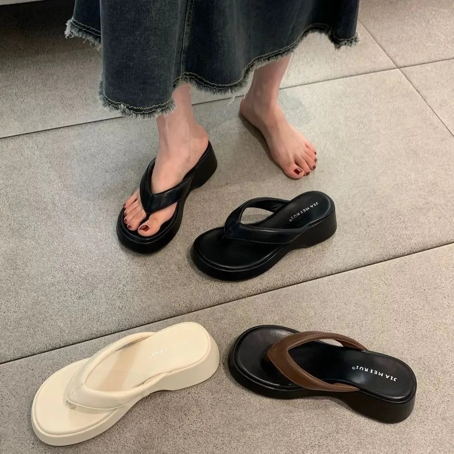 Muffin đáy dày kẹp chân dép xỏ ngón nữ mặc bên ngoài mùa hè thời trang mới dốc với sandal kéo sandal thông thường