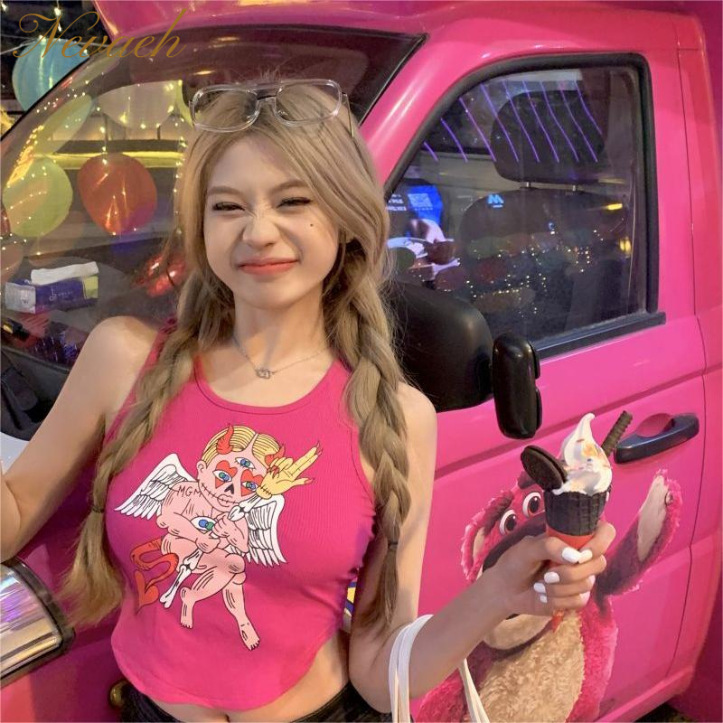 Áo Hai Dây Dáng Ôm In Họa Tiết Thần Tình Yêu Phong Cách retro Mỹ Thời Trang Quyến Rũ Cho Nữ