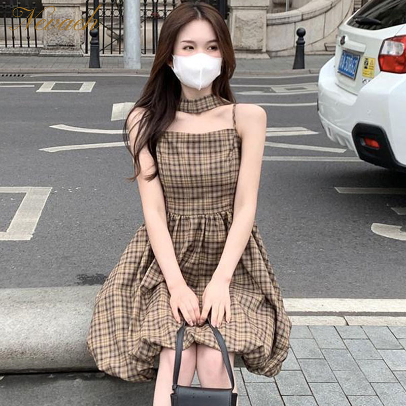 Đầm Hai Dây Ôm Eo Họa Tiết Sọc Caro Phong Cách Pháp Thời Trang Cao Cấp Cho Nữ