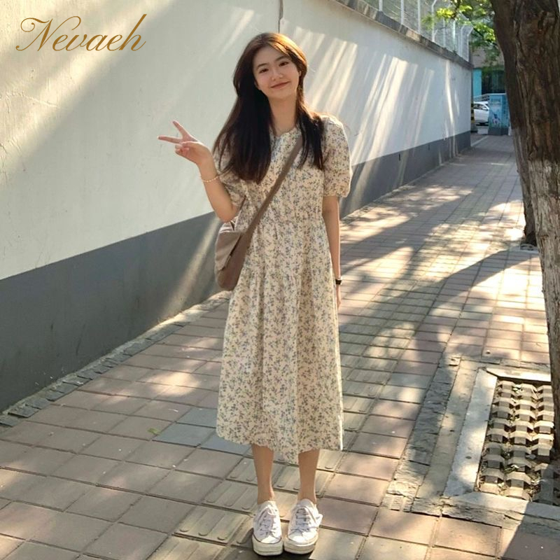 Đầm Dáng Chữ A Cổ Tròn Tay Phồng In Họa Tiết Hoa Xinh Xắn Thời Trang Cho Học Sinh