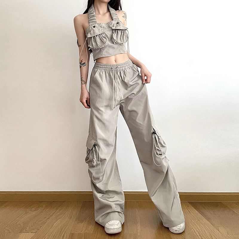 Set Áo Tank Top Hai Dây + Quần Lưng Cao Dáng Rộng Thời Trang Đường Phố Cá Tính Cho Nữ