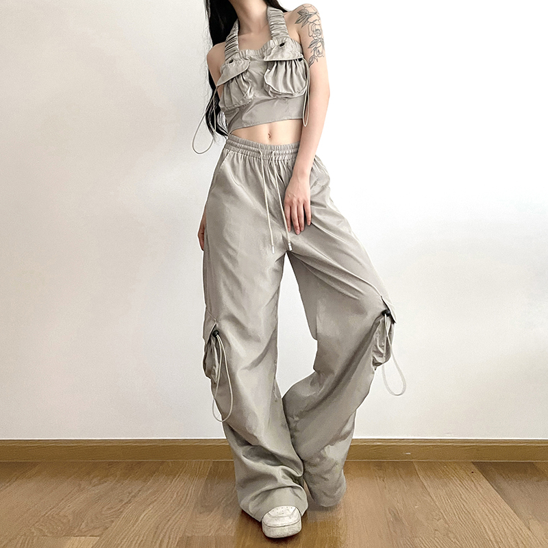 Klalien Set Áo Tank Top Hai Dây + Quần Lưng Cao Dáng Rộng Thời Trang Đường Phố 2023 Cho Nữ Mới