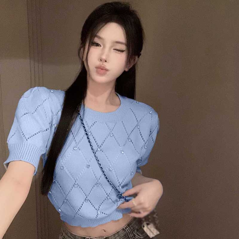 Áo Dệt Kim Tay Ngắn Cổ Tròn Thoáng Khí Đính Hạt Kim Cương Giả Ôm Dáng Cho Nữ