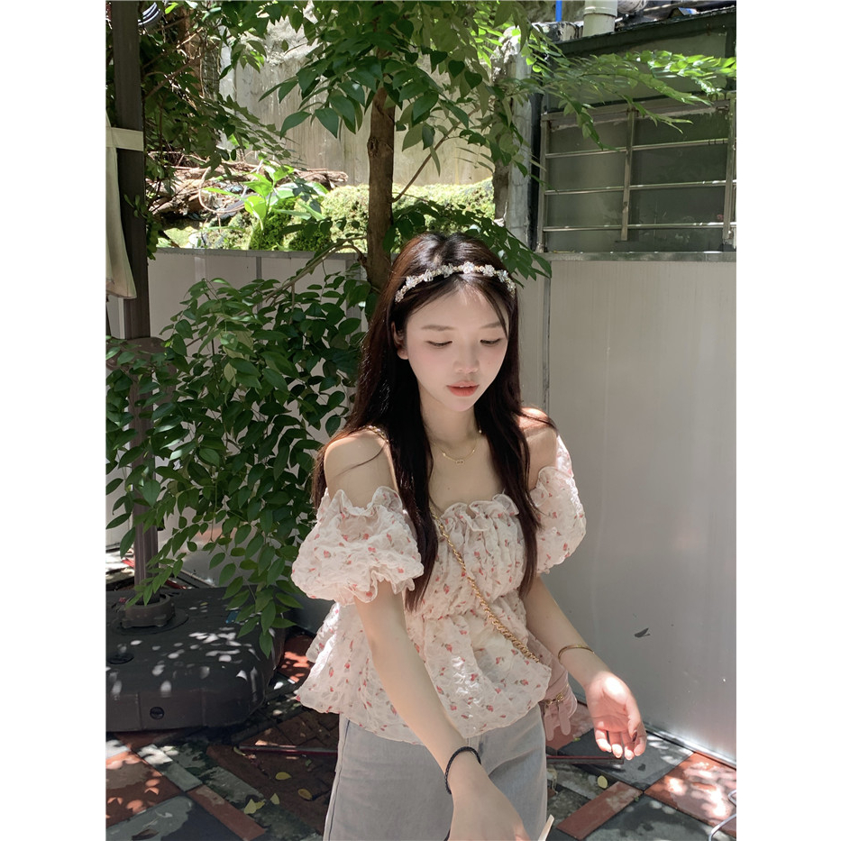 Áo Croptop chiffon Trễ Vai Tay Ngắn In Họa Tiết Hoa Thời Trang Mùa Hè Xinh Xắn Cho Nữ