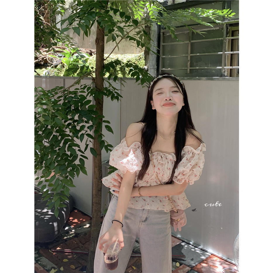 Áo Croptop chiffon Trễ Vai Tay Ngắn In Họa Tiết Hoa Thời Trang Mùa Hè Xinh Xắn Cho Nữ