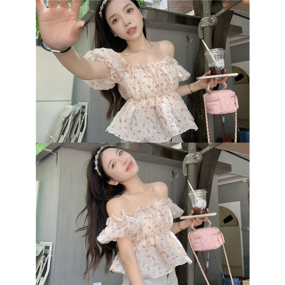 Áo Croptop chiffon Trễ Vai Tay Ngắn In Họa Tiết Hoa Thời Trang Mùa Hè Xinh Xắn Cho Nữ