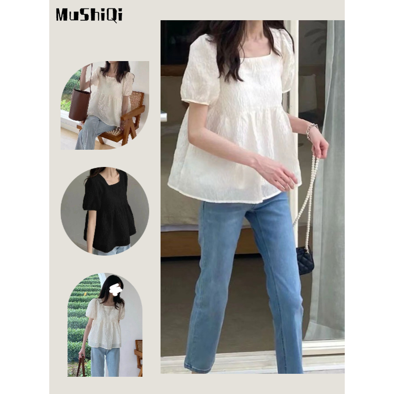 Áo Kiểu Tay Ngắn Phồng Cổ Vuông Dáng Rộng Thời Trang Xinh Xắn Cho Nữ