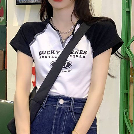 Áo Thun Ngắn Cổ Chữ V Dáng Ôm In Họa Tiết Màu Sắc Tương Phản Thời Trang Mùa Hè Thoải Mái Cho Nữ