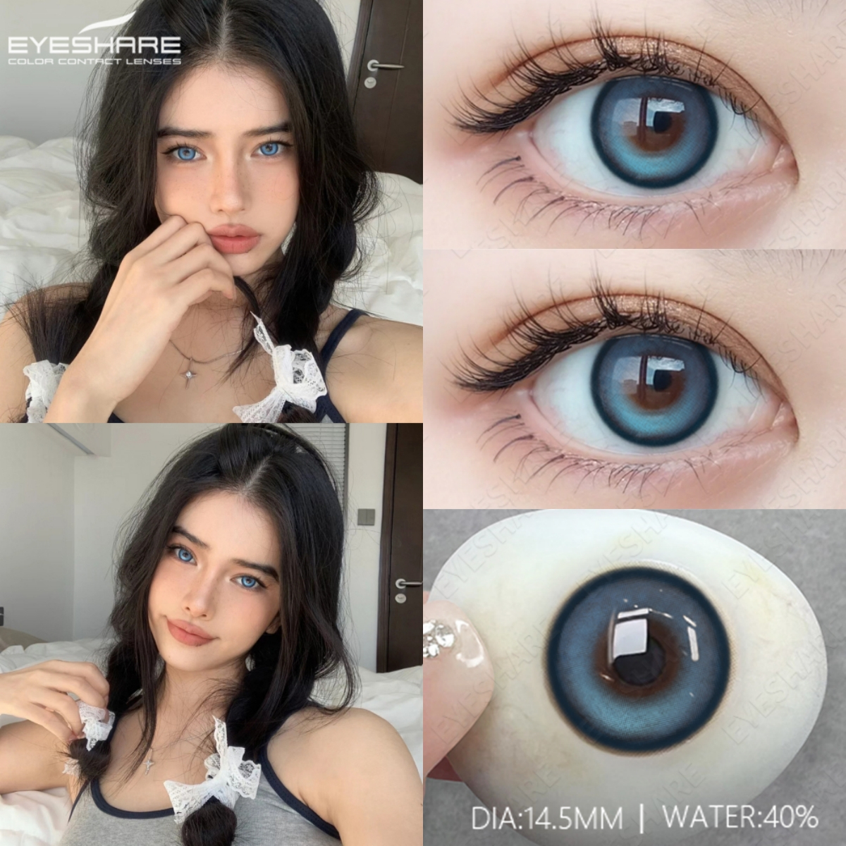 1 Cặp Kính Áp Tròng 14.5mm (1 Cặp) Mắt To Màu Xám Xanh Dương Xám