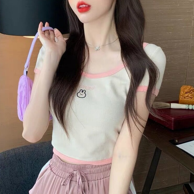 Áo Thun Lửng Ngắn Tay Thêu Hoa Thời Trang Nữ Tính