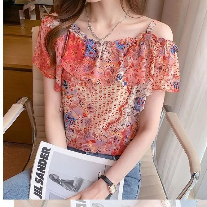 Áo Kiểu Trễ Vai Phối Bèo Nhún Thời Trang Quyến Rũ Cho Nữ