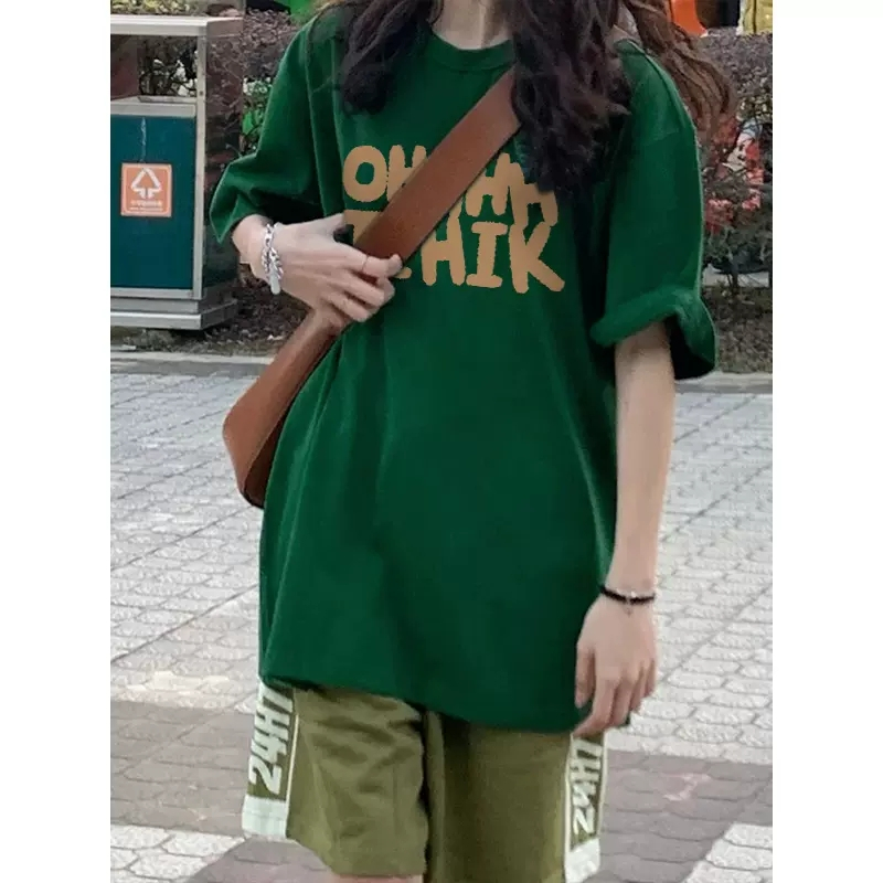 Áo Thun Cotton Tay Ngắn Dáng Rộng Màu Xanh Lá Thời Trang Cho Nữ