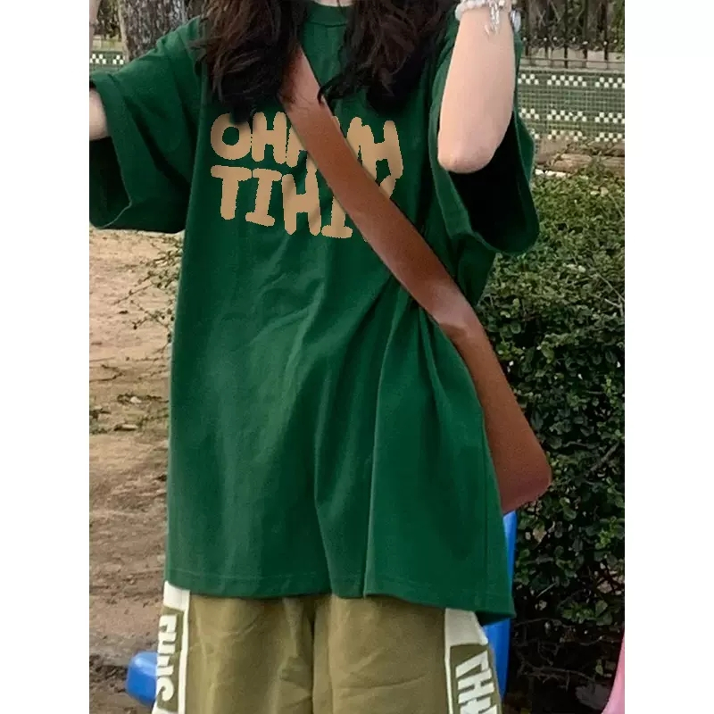 Áo Thun Cotton Tay Ngắn Dáng Rộng Màu Xanh Lá Thời Trang Cho Nữ