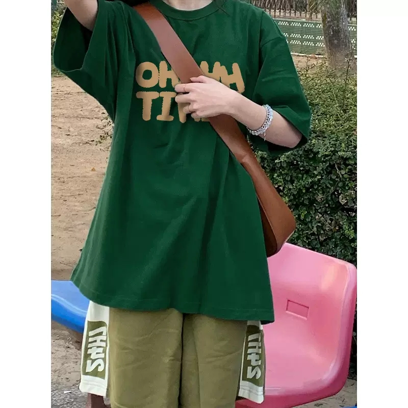 Áo Thun Cotton Tay Ngắn Dáng Rộng Màu Xanh Lá Thời Trang Cho Nữ