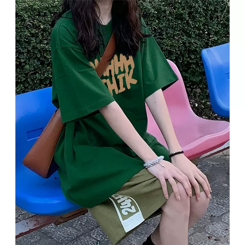 Áo Thun Cotton Tay Ngắn Dáng Rộng Màu Xanh Lá Thời Trang Cho Nữ