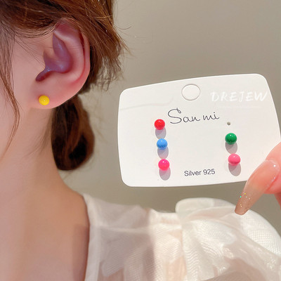 DREJEW 6 pcs Khuyên Tai Bạc Hình Hạt Đậu Dầu Giọt Nước Màu macaron Đơn Giản Thời Trang