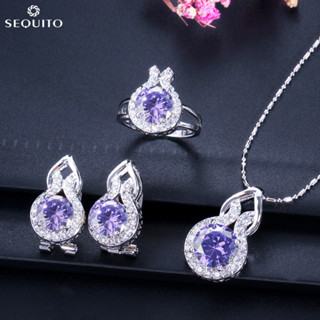  SEQUITO Phụ Nữ Sang Trọng Bộ Trang Sức Màu Vàng Trắng Micro Pave AAA Zirconia Thiết Lập Đá Tím Mặt Dây Chuyền Vòng Cổ Bông Tai Bộ Nhẫn Cho Tiệc Prom J197 
