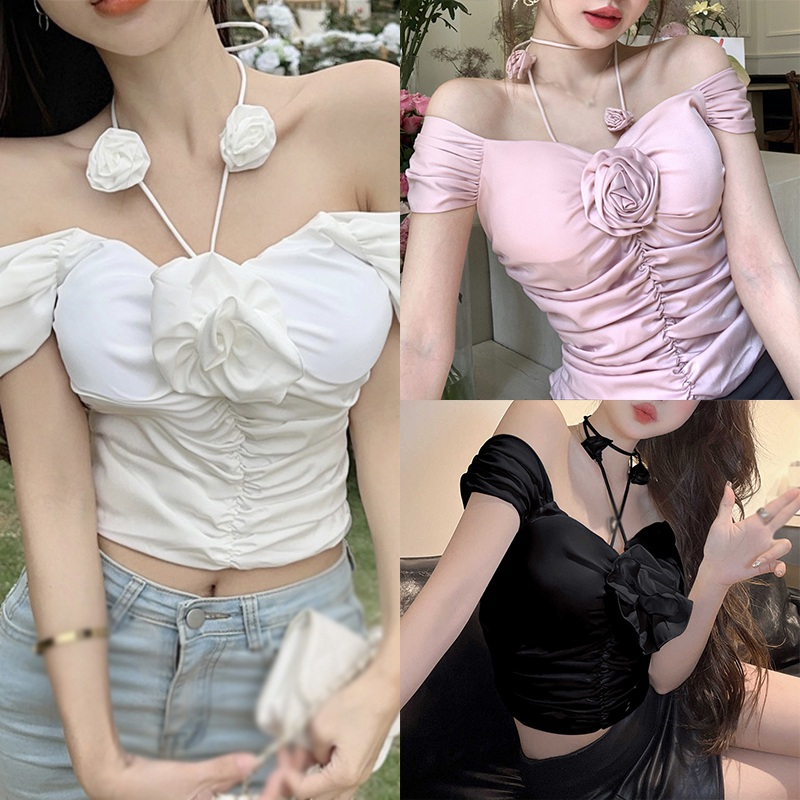 Áo Kiểu Trễ Vai Có Mút Đệm Ngực Tay Ngắn Màu Sắc Trơn Họa Tiết Hoa 3D Gợi Cảm Dành Cho Bạn Nữ