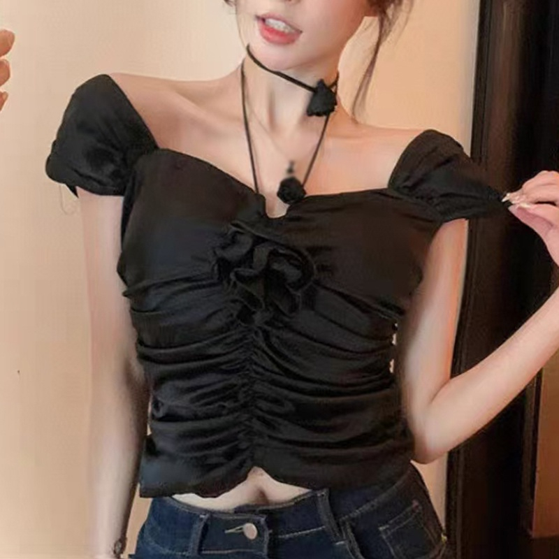 Áo Kiểu Trễ Vai Có Mút Đệm Ngực Tay Ngắn Màu Sắc Trơn Họa Tiết Hoa 3D Gợi Cảm Dành Cho Bạn Nữ