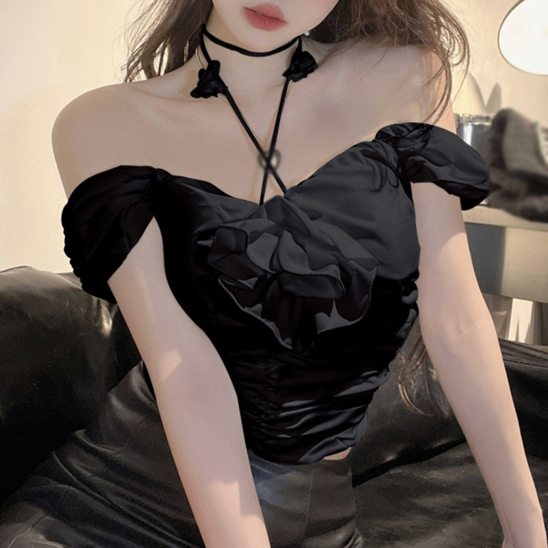 Áo Kiểu Trễ Vai Có Mút Đệm Ngực Tay Ngắn Màu Sắc Trơn Họa Tiết Hoa 3D Gợi Cảm Dành Cho Bạn Nữ