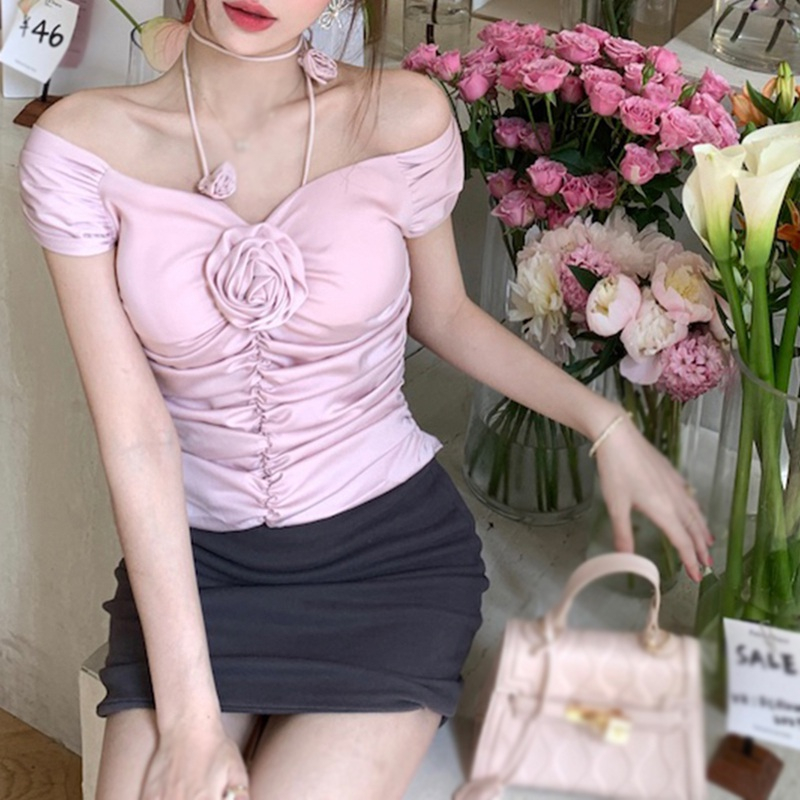 Áo Kiểu Trễ Vai Có Mút Đệm Ngực Tay Ngắn Màu Sắc Trơn Họa Tiết Hoa 3D Gợi Cảm Dành Cho Bạn Nữ