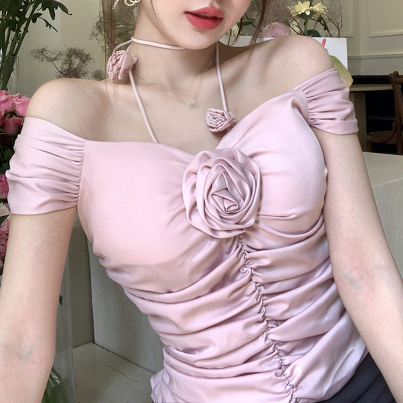 Áo Kiểu Trễ Vai Có Mút Đệm Ngực Tay Ngắn Màu Sắc Trơn Họa Tiết Hoa 3D Gợi Cảm Dành Cho Bạn Nữ