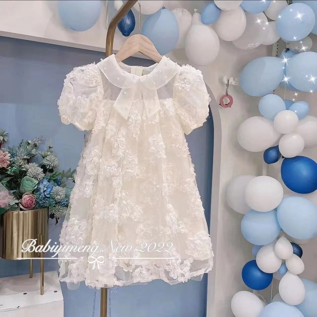 Mùa hè ngắn tay thời trang lưới ren công chúa đầm trắng hồng cho cô gái