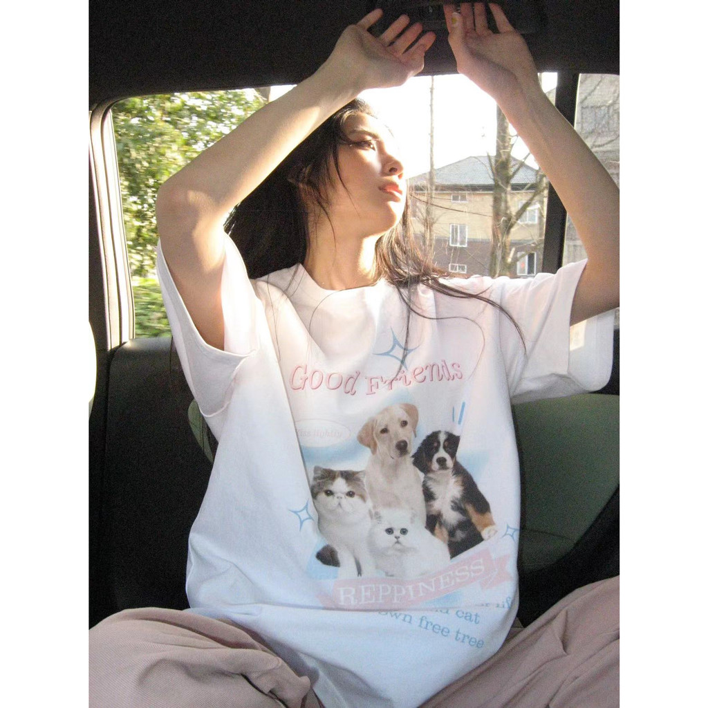 Ethelgirl Áo Thun unisex Dáng Rộng Tay Ngắn In Họa Tiết Thời Trang Hàn Quốc