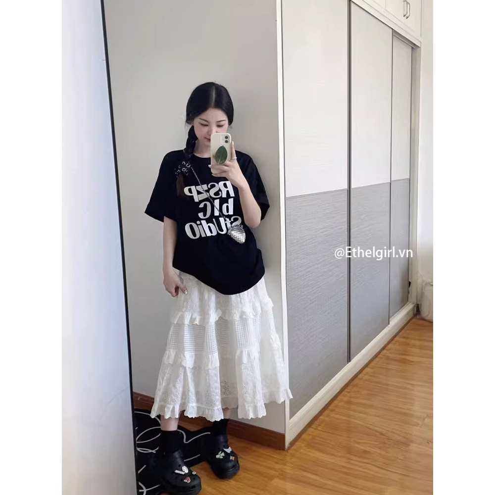 Ethelgirl Áo Thun unisex Dáng Rộng Tay Cộc In Chữ Phong Cách Hàn Quốc Dễ Phối Đồ