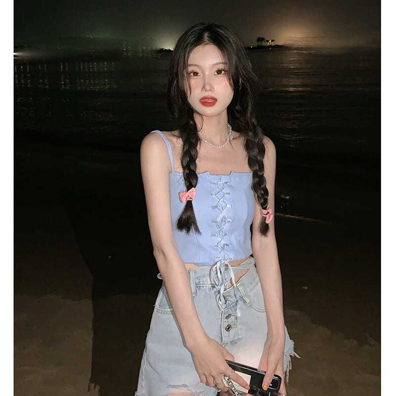 Áo Hai Dây Mùa Hè Dáng Ngắn Cột Dây Phong Cách Mới 2023 Cho Nữ