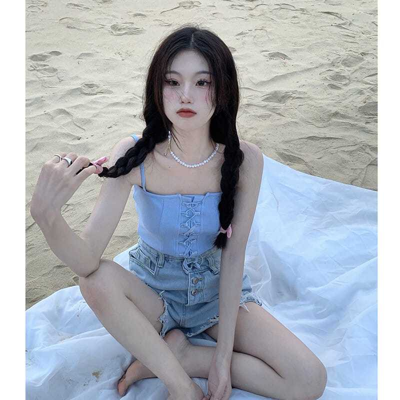 Áo Hai Dây Mùa Hè Dáng Ngắn Cột Dây Phong Cách Mới 2023 Cho Nữ