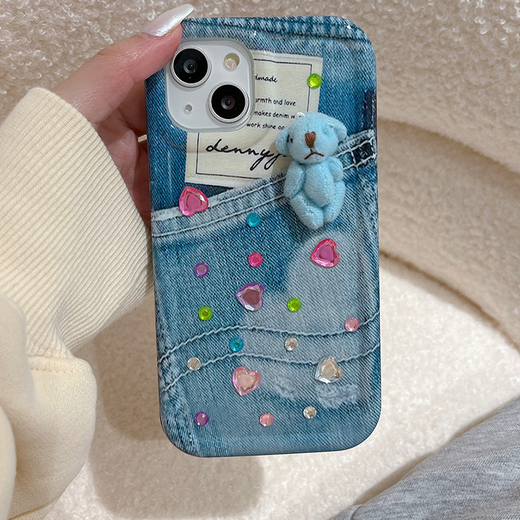 Ốp Điện Thoại tpu Mềm Viền denim Đính Đá Giả Hình Gấu Kiểu Hàn Quốc Cho iPhone 11 iPhone 11 pro max iPhone 12 iPhone 12 pro max iPhone 13 iPhone 13 pro max iPhone 14 iPhone 14 pro