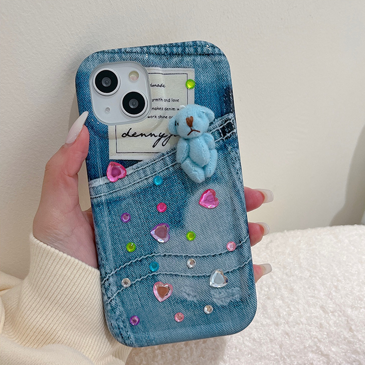 Ốp Điện Thoại tpu Mềm Viền denim Đính Đá Giả Hình Gấu Kiểu Hàn Quốc Cho iPhone 11 iPhone 11 pro max iPhone 12 iPhone 12 pro max iPhone 13 iPhone 13 pro max iPhone 14 iPhone 14 pro