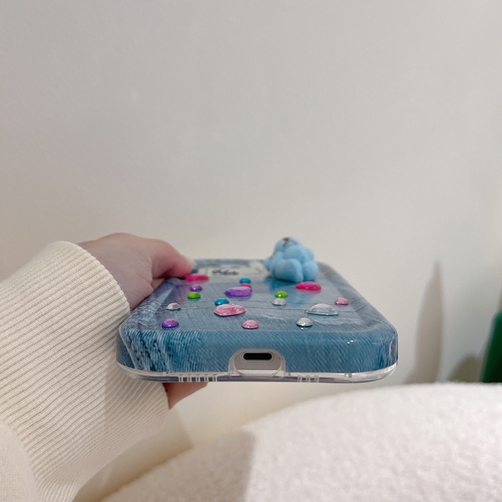 Ốp Điện Thoại tpu Mềm Viền denim Đính Đá Giả Hình Gấu Kiểu Hàn Quốc Cho iPhone 11 iPhone 11 pro max iPhone 12 iPhone 12 pro max iPhone 13 iPhone 13 pro max iPhone 14 iPhone 14 pro