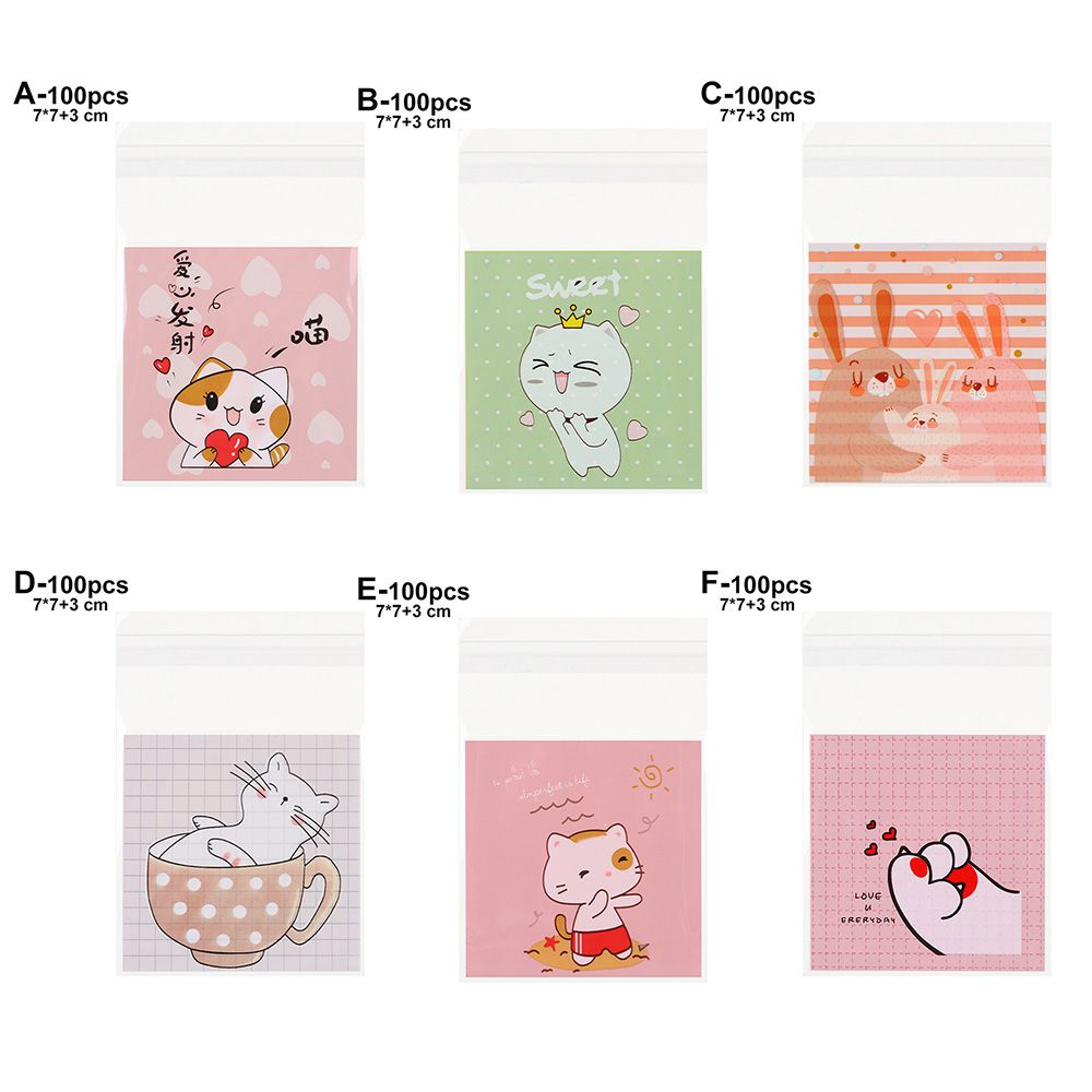 Set 100 Túi Nhựa Tự Dính In Họa Tiết Hoạt Hình Đựng Kẹo / Bánh Quy Kích Thước 7x7cm Trang Trí Tiệc Cướ