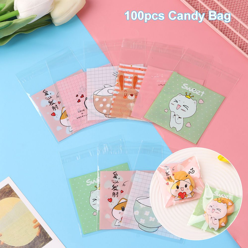 Set 100 Túi Nhựa Tự Dính In Họa Tiết Hoạt Hình Đựng Kẹo / Bánh Quy Kích Thước 7x7cm Trang Trí Tiệc Cướ