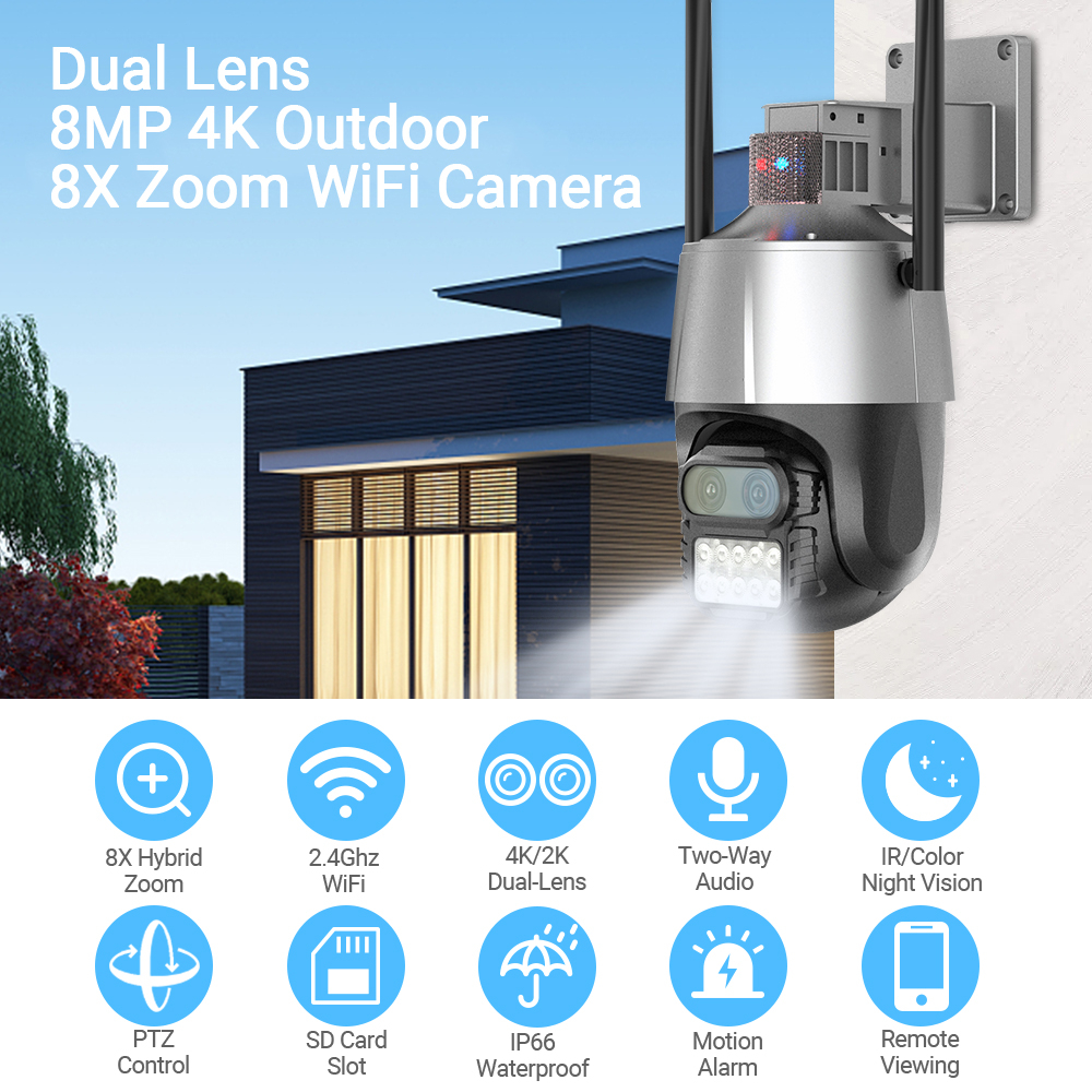 Camera An Ninh Hamrol 4K 8MP 8X Zoom PTZ Kết Nối Wifi Có Màu Đỏ Và Xanh Dương