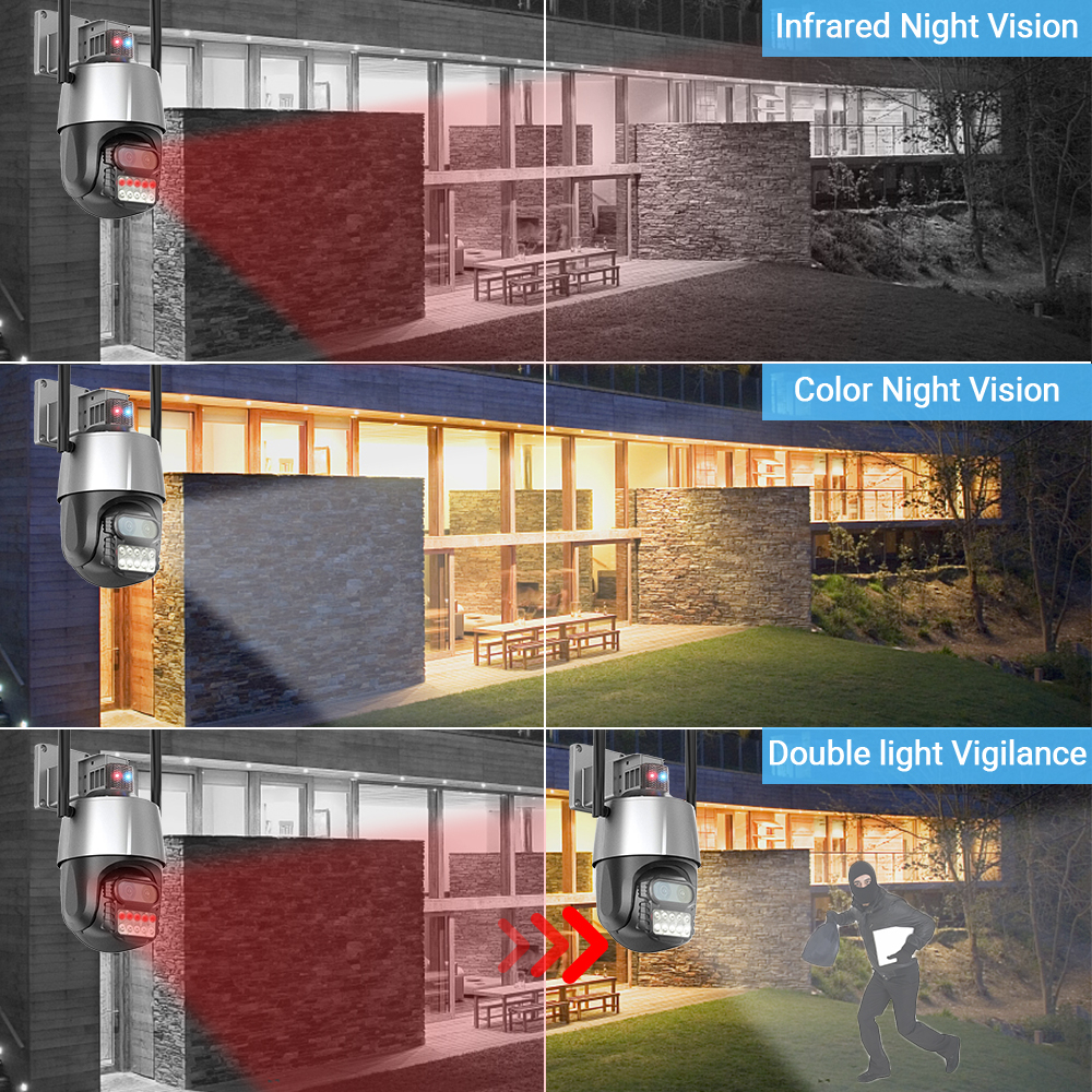 Camera An Ninh Hamrol 4K 8MP 8X Zoom PTZ Kết Nối Wifi Có Màu Đỏ Và Xanh Dương