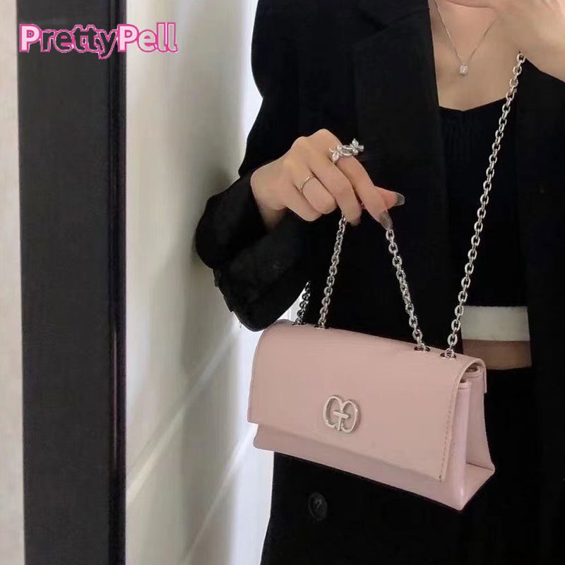 PrettyPell♥Túi đeo vai hình vuông màu trơn đơn giản phối dây xích cho nữ