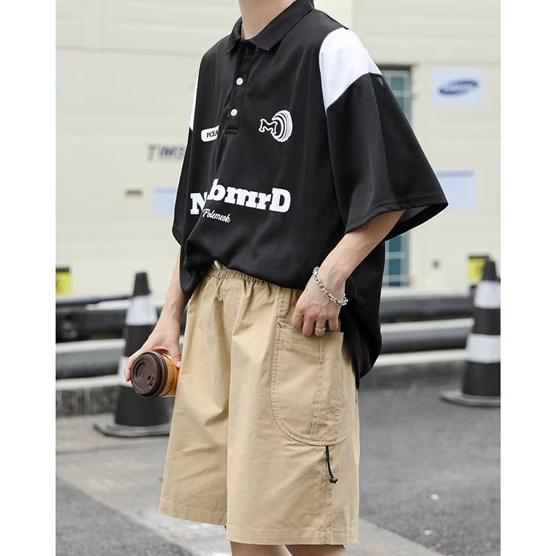 Áo Thun POLO Ngắn Tay Dáng Rộng Nhanh Khô In Chữ Phong Cách Đường Phố Mỹ