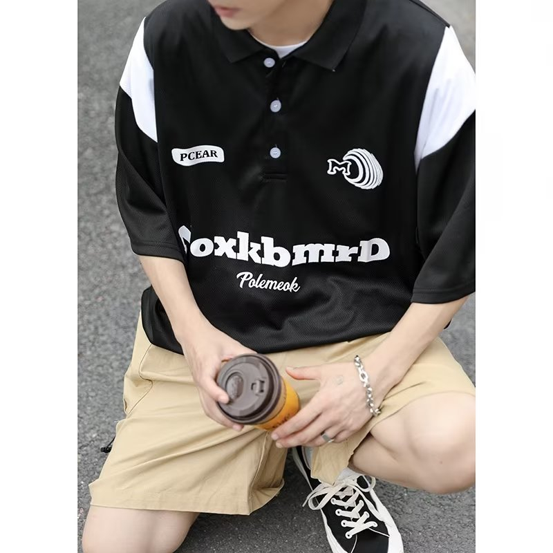 Áo Thun POLO Ngắn Tay Dáng Rộng Nhanh Khô In Chữ Phong Cách Đường Phố Mỹ