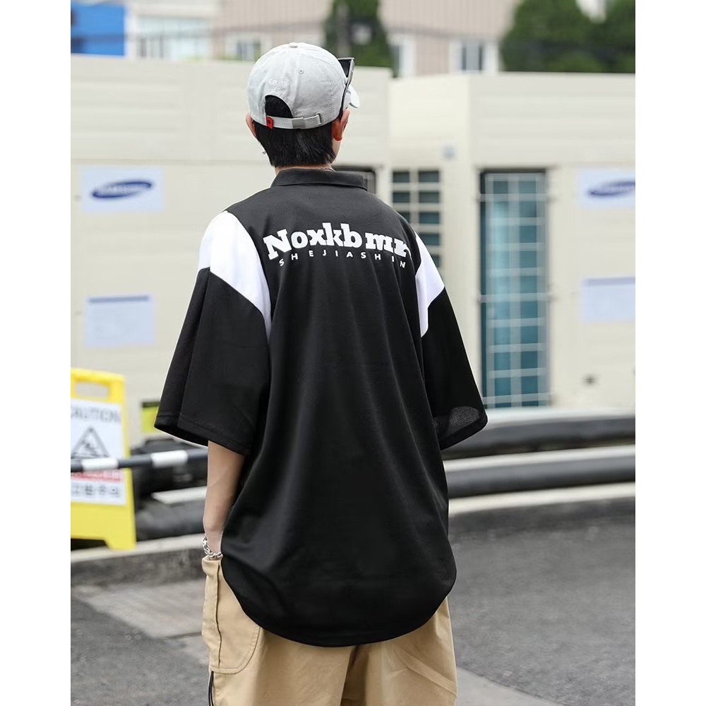 Áo Thun POLO Ngắn Tay Dáng Rộng Nhanh Khô In Chữ Phong Cách Đường Phố Mỹ