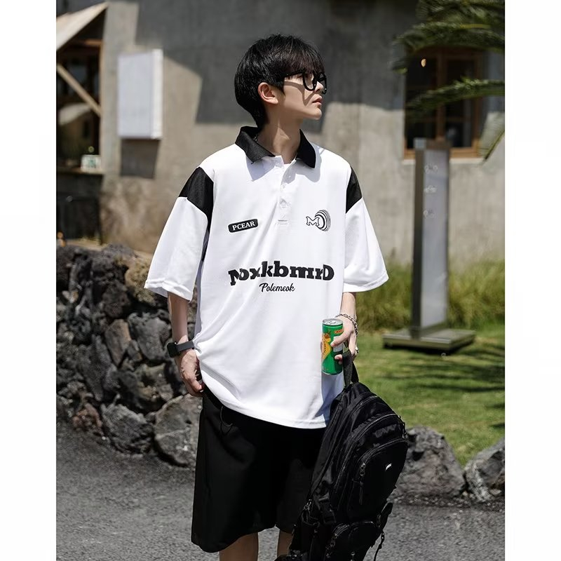 Áo Thun POLO Ngắn Tay Dáng Rộng Nhanh Khô In Chữ Phong Cách Đường Phố Mỹ