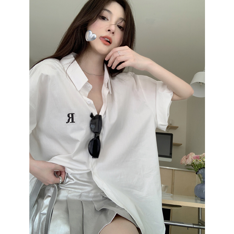 Áo Sơ Mi Trắng Tay Lửng Cổ Bẻ Thiết Kế Cảm Giác Phong Cách Hàn Quốc LALISAS Cho Nữ