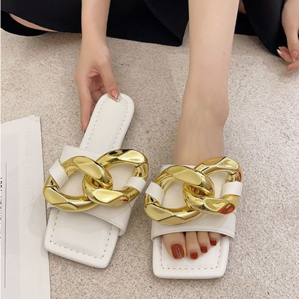 Dép Sandal Mũi Vuông Đế Bằng Phối Dây Xích Kim Loại Chống Trượt Thời Trang Mùa Hè Cho Nữ