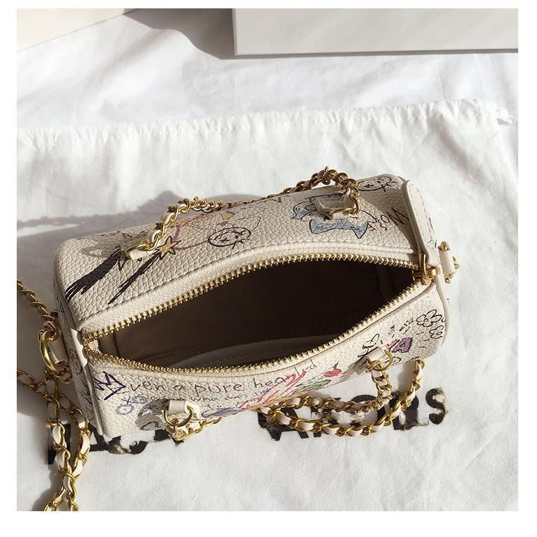 Túi Xách Đeo Vai Hình Trụ In Họa Tiết Graffiti Phối Dây Xích Thời Trang Dành Cho Nữ