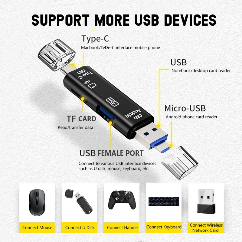 Đầu Đọc Thẻ Nhớ 5 Trong 1 Type C Micro USB 3.0 TF OTG / USB 3.1 Cho Máy Tính / Điện Thoại