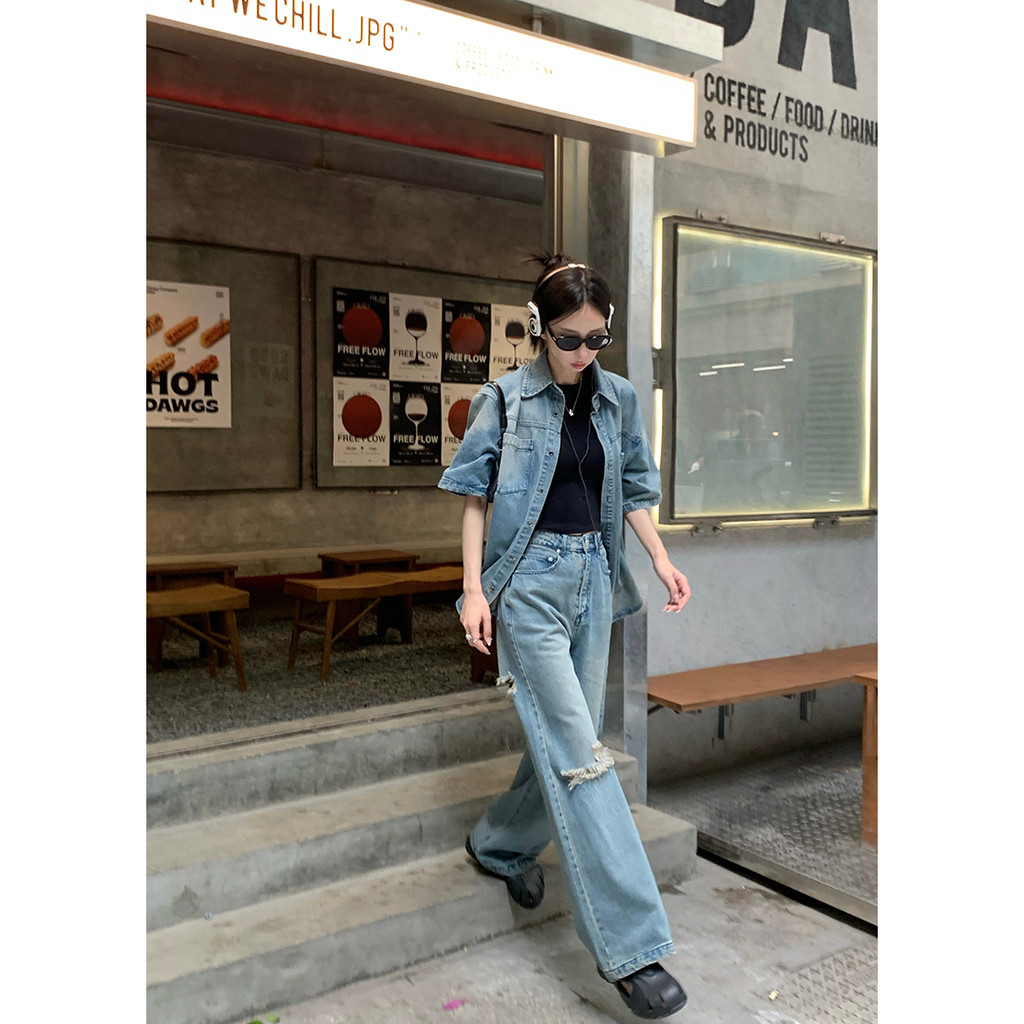 「MOTEL7」Set Áo Khoác Denim Ngắn Tay + Quần Jeans Rách Phong Cách Retro Thời Trang Cho Nữ