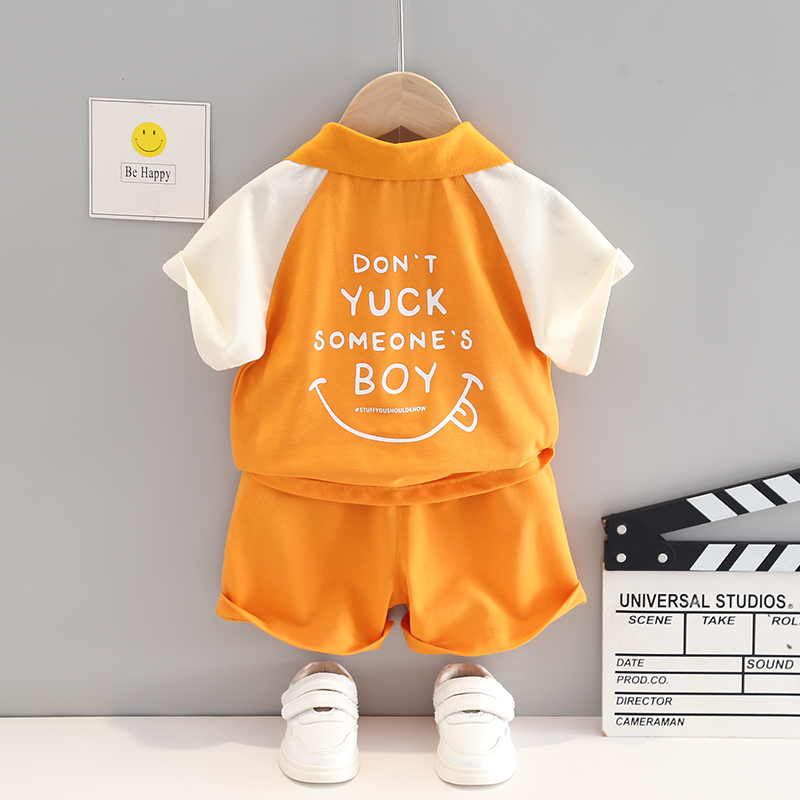 Set Áo Thun polo Tay Ngắn & Quần Short Cotton Màu Trơn Hình Mặt Cười Cỡ 80-120cm Thời Trang Mùa Hè Cho Bé